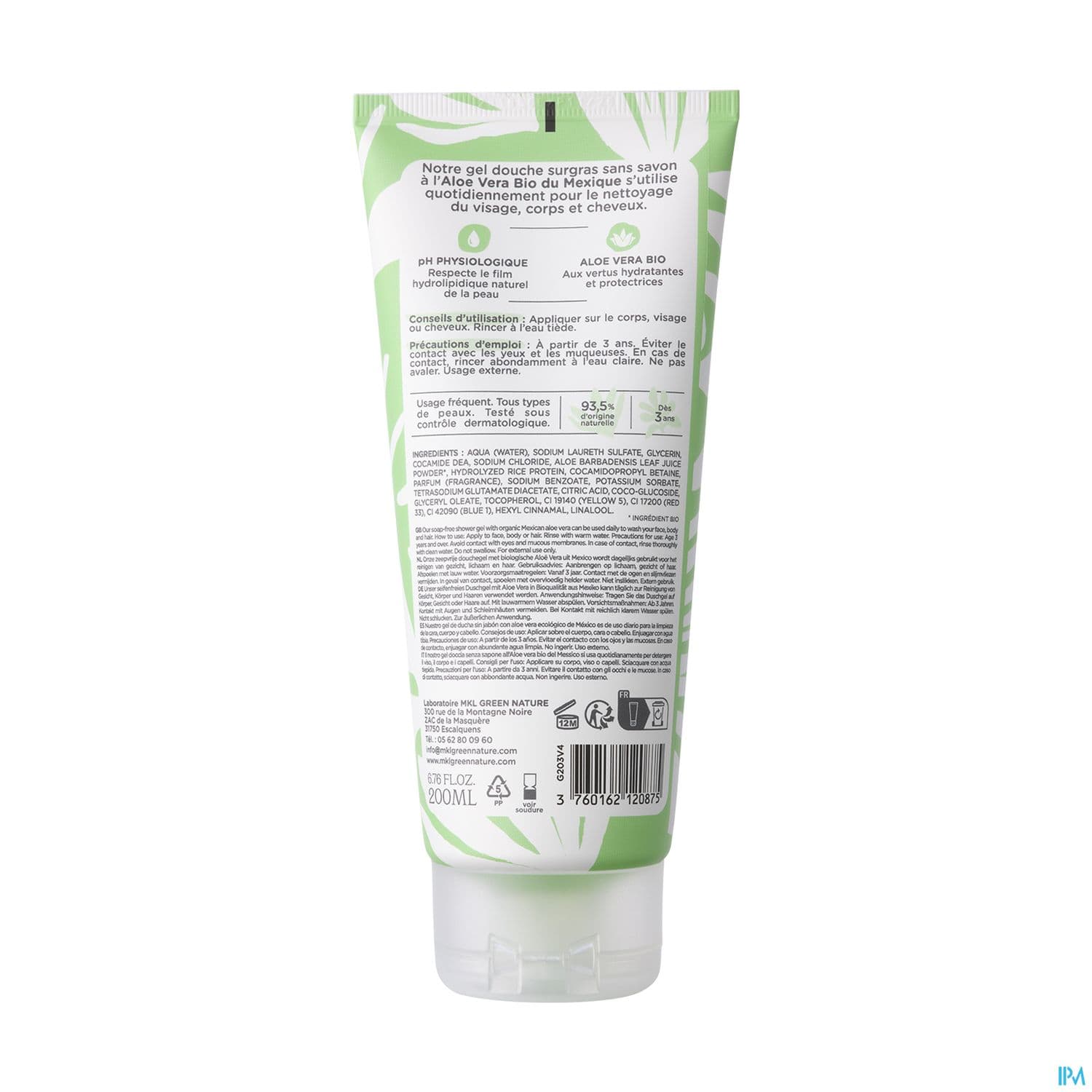 Mkl Green Nature Gel Douche Aloe Vera Du Mexique Cosm'ethik 200ml