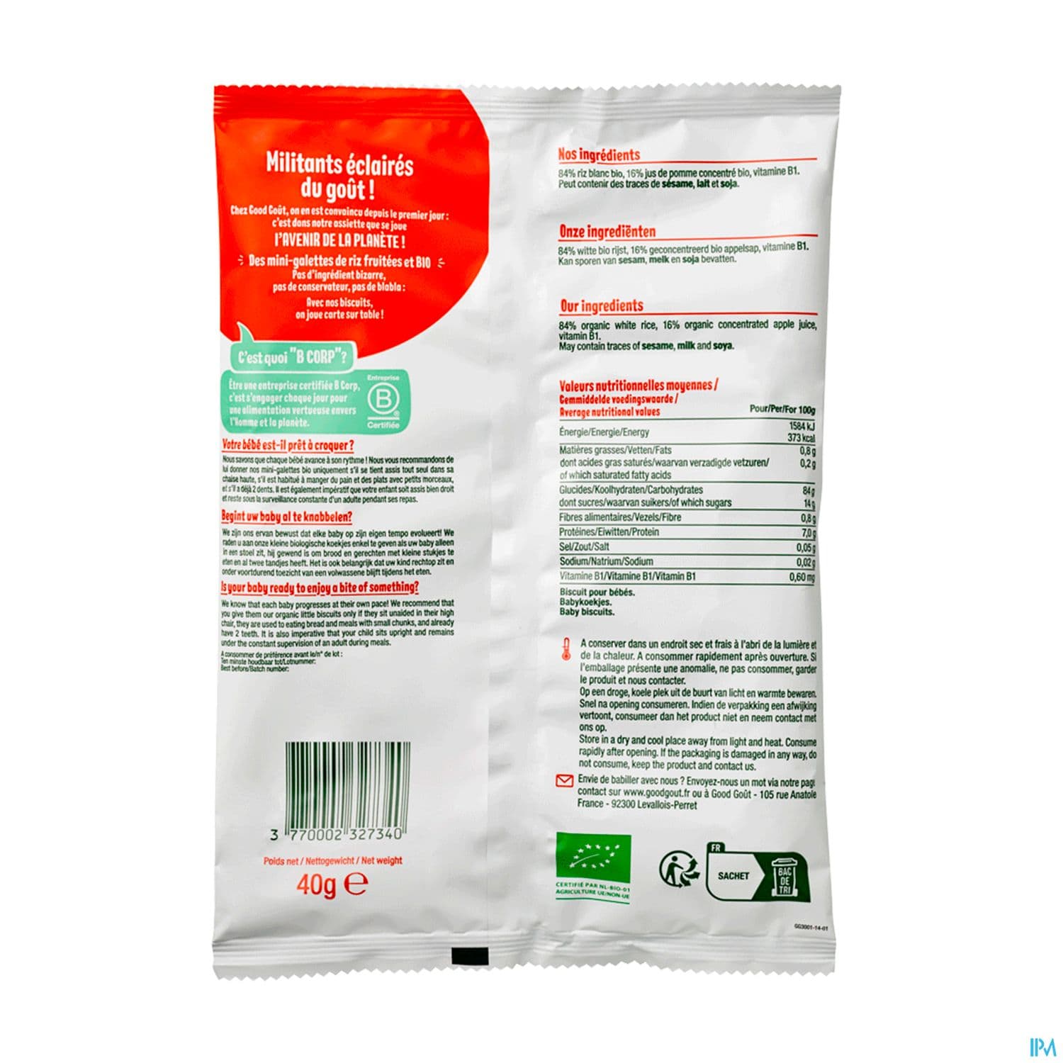 GOODGOUT MINI-GALET RIZ POMME 40G