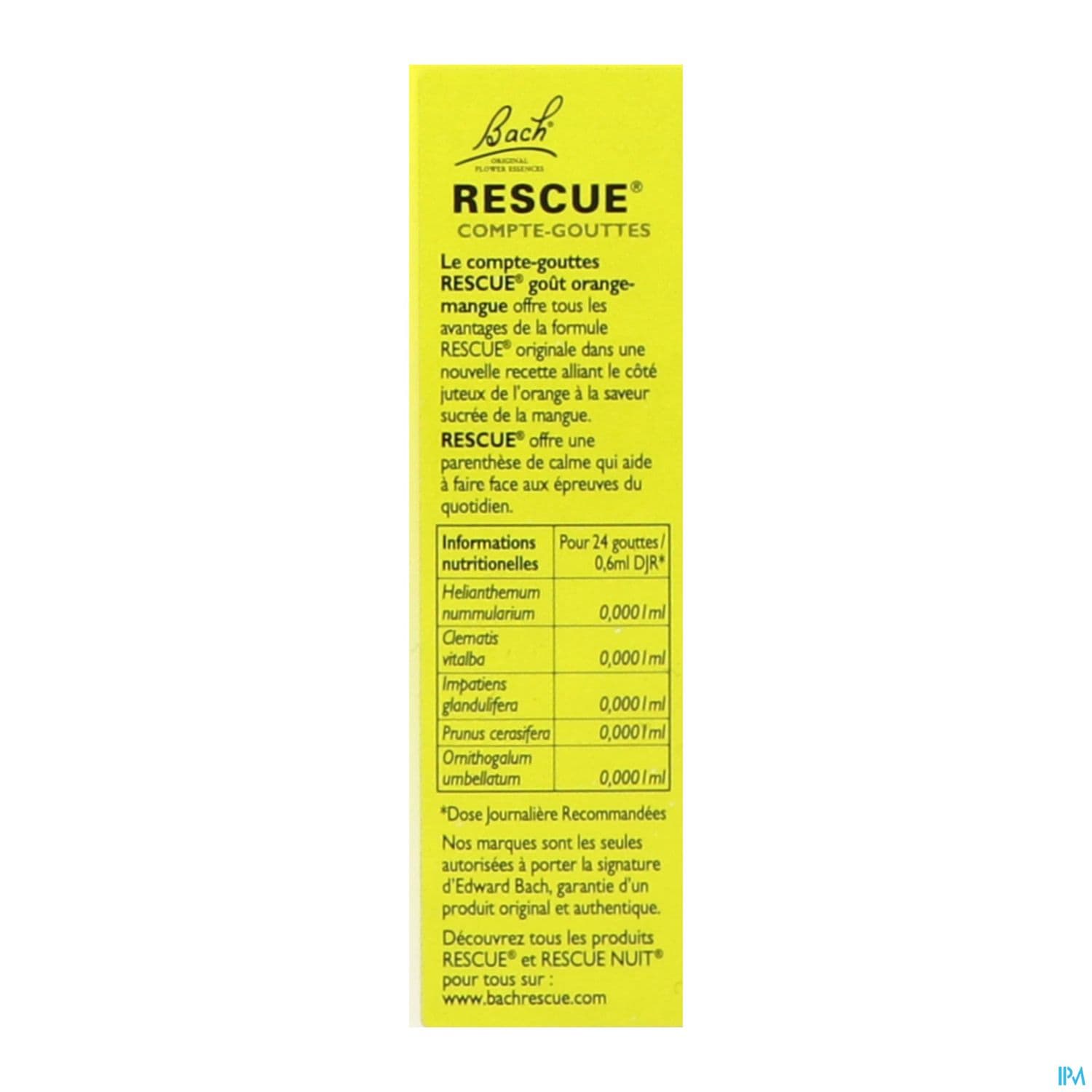 Rescue Bach Compte Gouttes Gout Orange Mangue 20ml