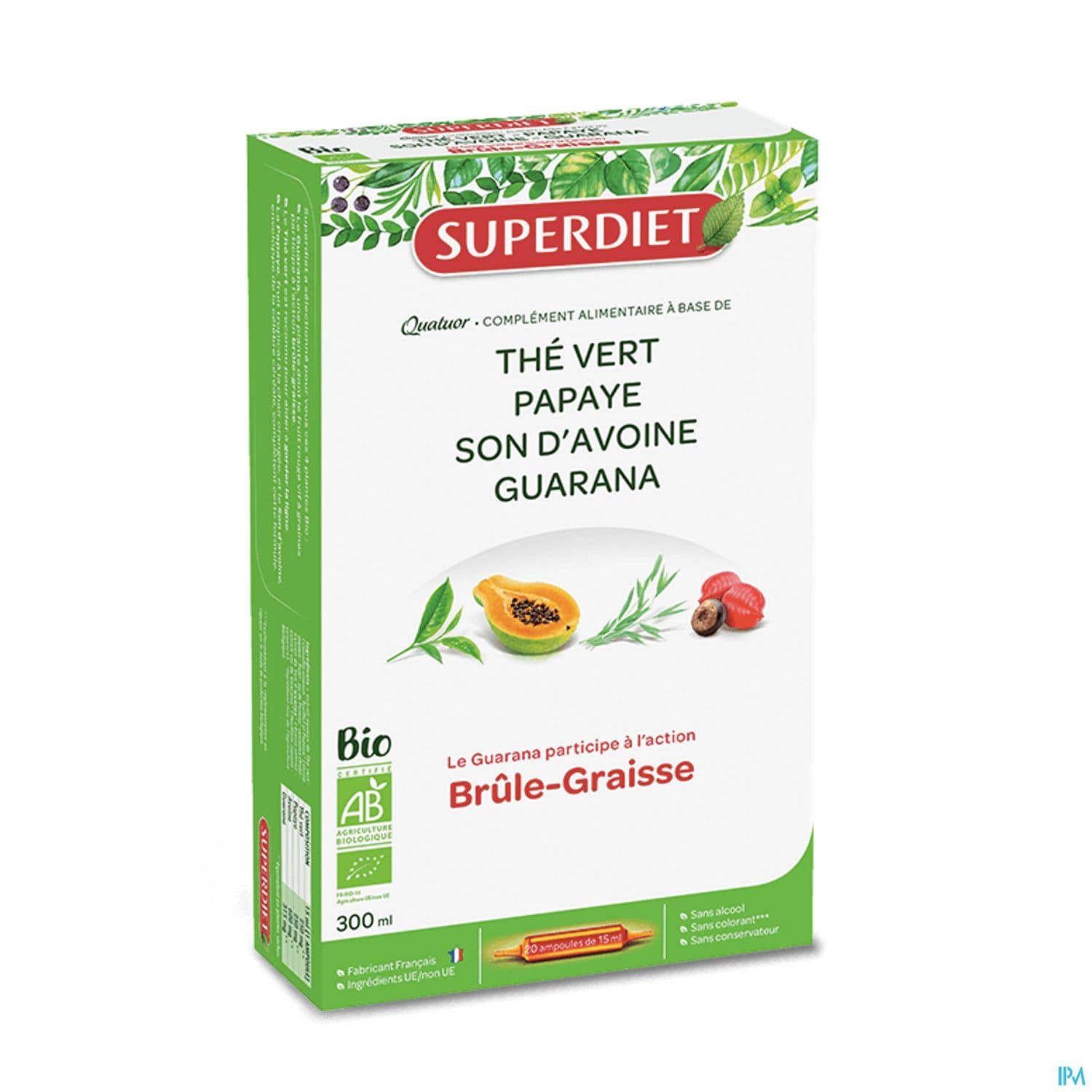 Superdiet Quatuor Brule Graisse Bio The Vert Papaye Son D'avoine Guarana Ampoule Buvable 15ml 20