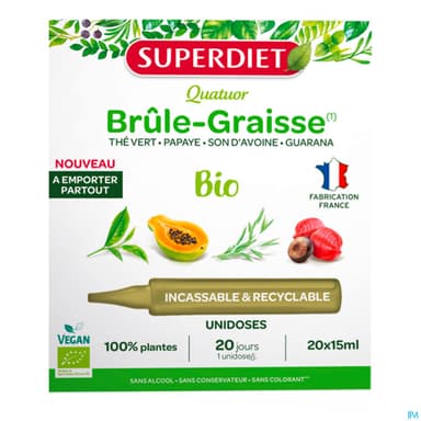 Superdiet Quatuor Brule Graisse Bio The Vert Papaye Son D'avoine Guarana Unidose 15ml 20