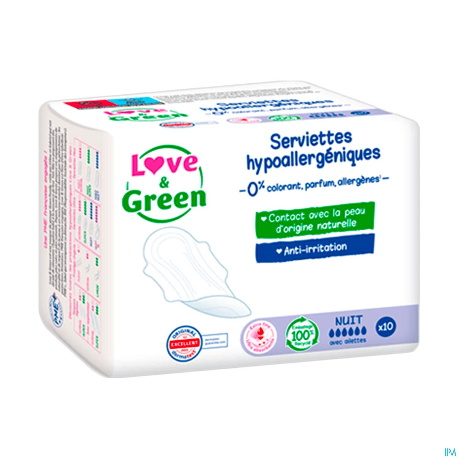 Love Green Serviettes Ecolabellisees Et Hypoallergeniques Ultra Nuit X10 Avec Ailettes