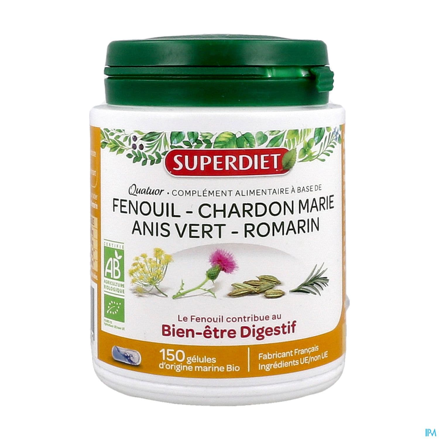 Superdiet Quatuor Digestion Bio Fenouil Chardon Marie Anis Vert Romarin Gelule 150