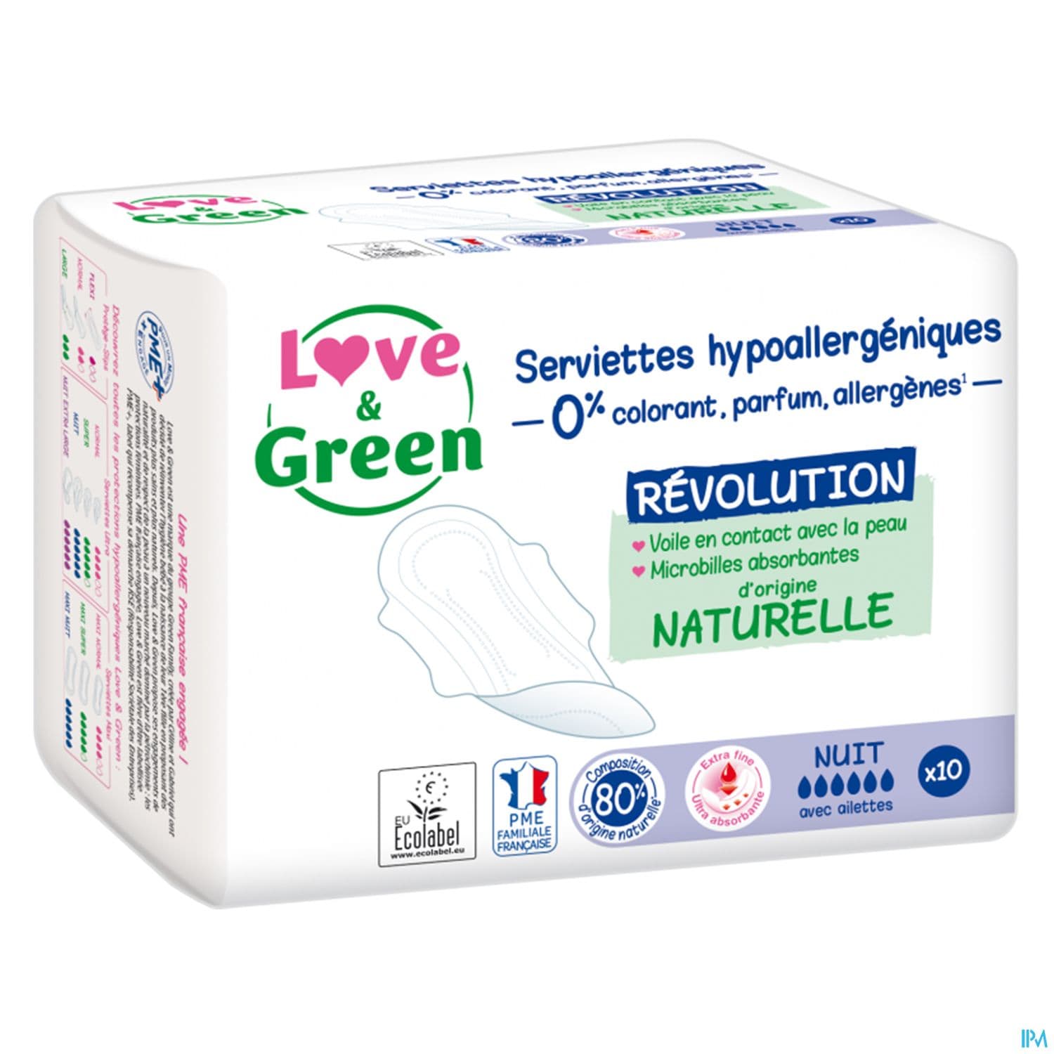 Love Green Serviettes Ecolabellisees Et Hypoallergeniques Ultra Nuit X10 Avec Ailettes
