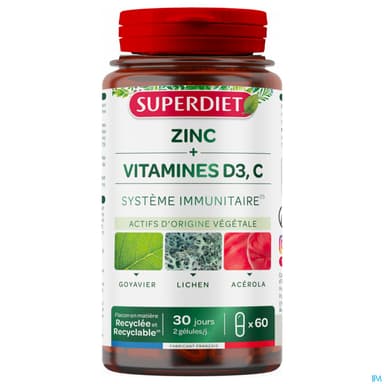 Superdiet Zinc + Vitamine D3 Vitamine C Gelule 60