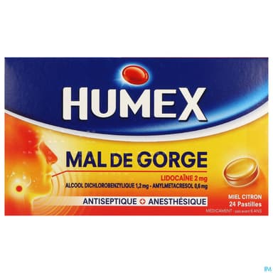 Humex Mal Gorge Lidocaine Miel Citron Pastille 24