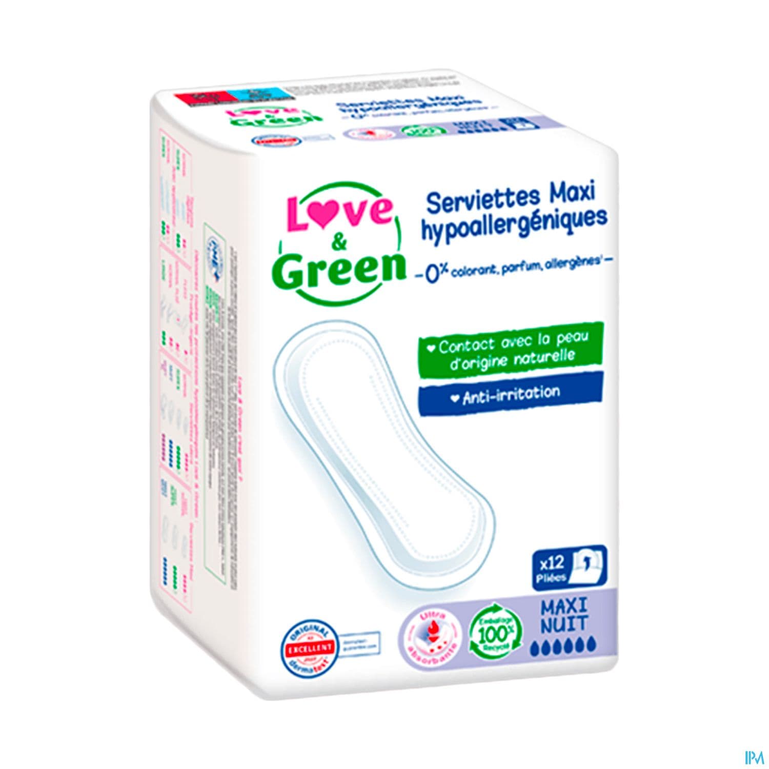 Love Green Serviettes Ecolabellisees Et Hypoallergeniques Maxi Nuit X12 Sans Ailettes