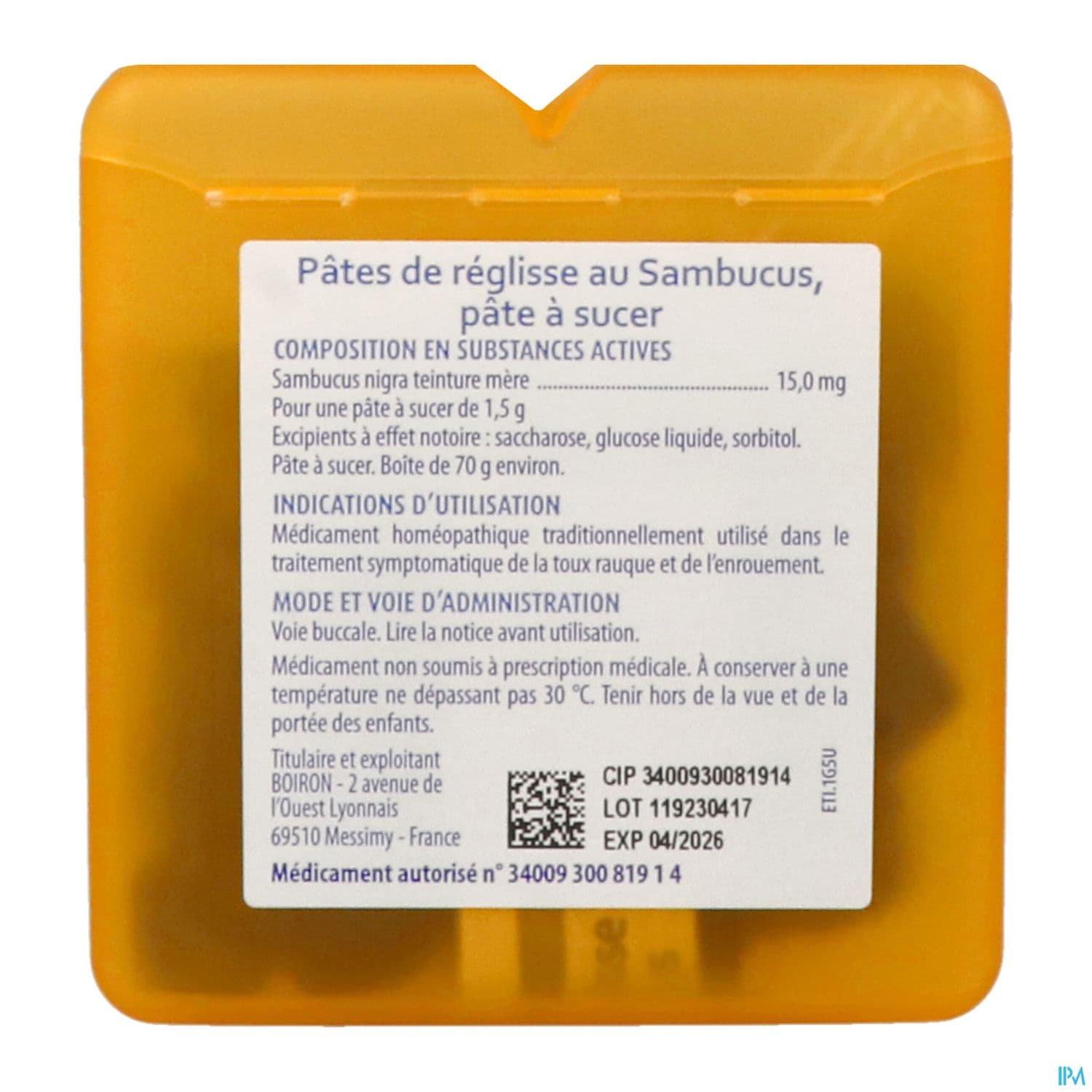 REGLISSE SAMBUCUS BOIRON PATE 70G