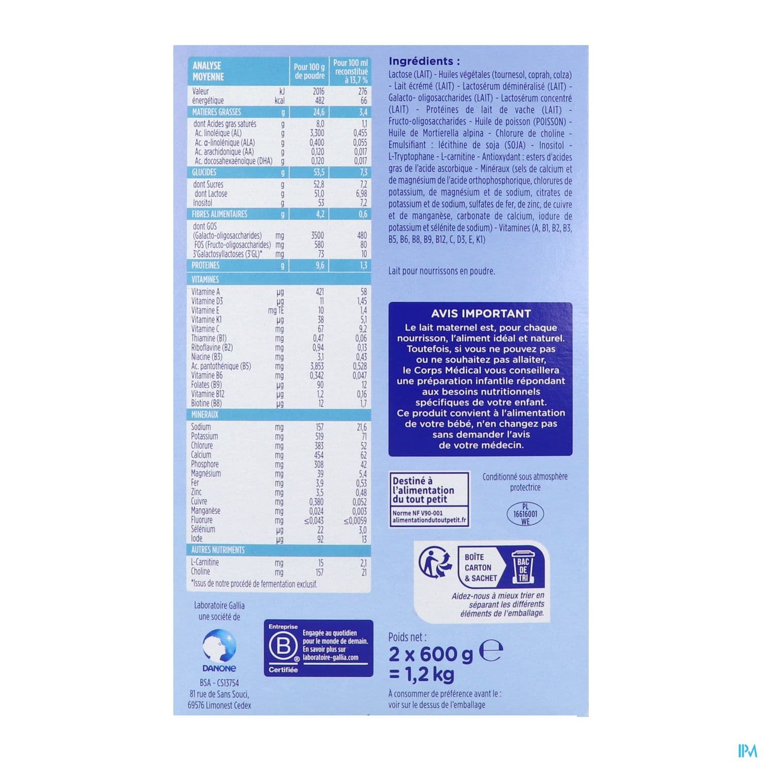GALLIA CALISMA 1AGE LAIT PDR 1200G