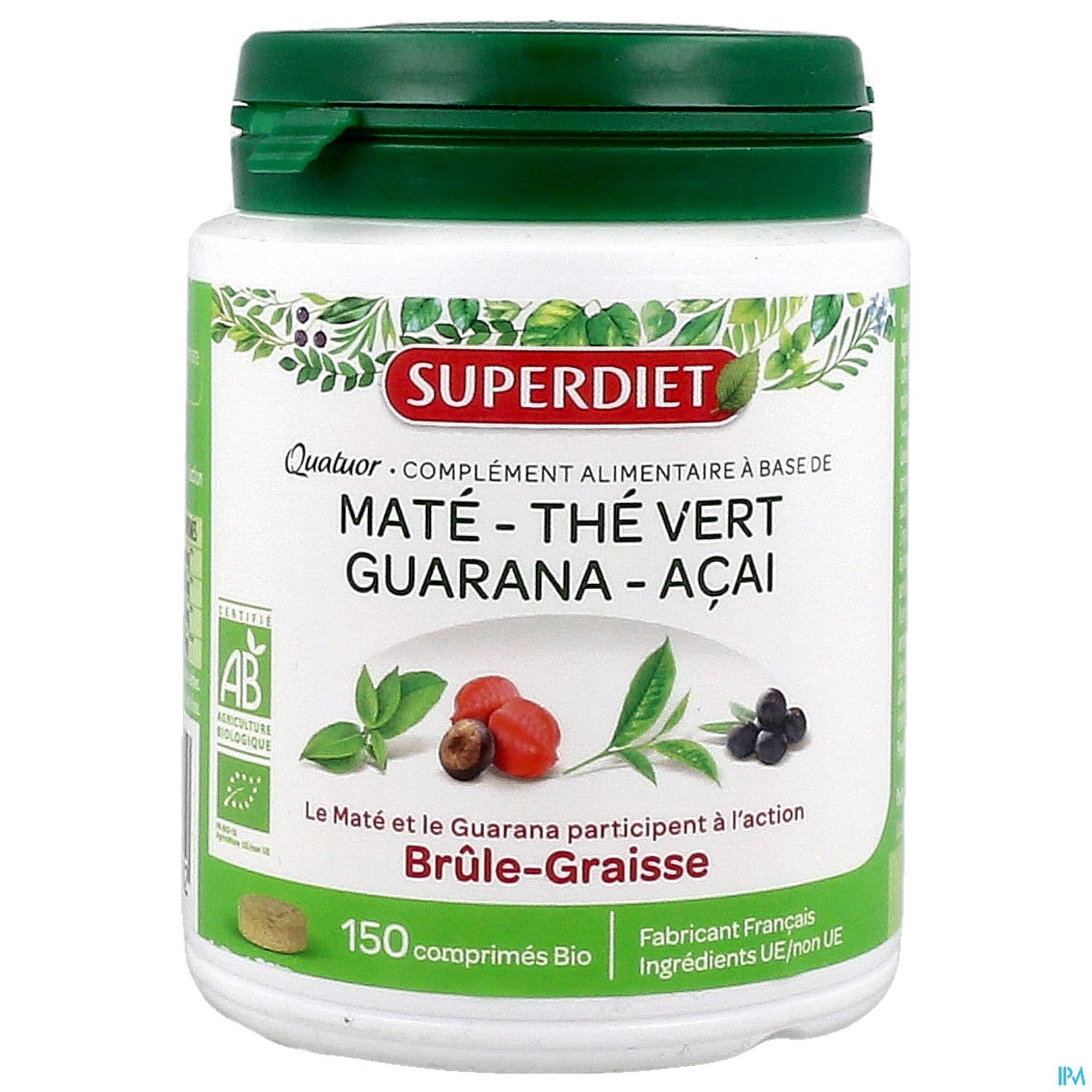 Superdiet Quatuor Brule Graisse Bio Mate Guarana The Vert Acai Comprime 150