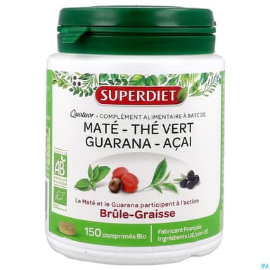 Superdiet Quatuor Brule Graisse Bio Mate Guarana The Vert Acai Comprime 150