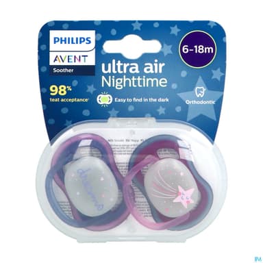 Avent Sucette Ultra Air Nuit 6/18mois X2