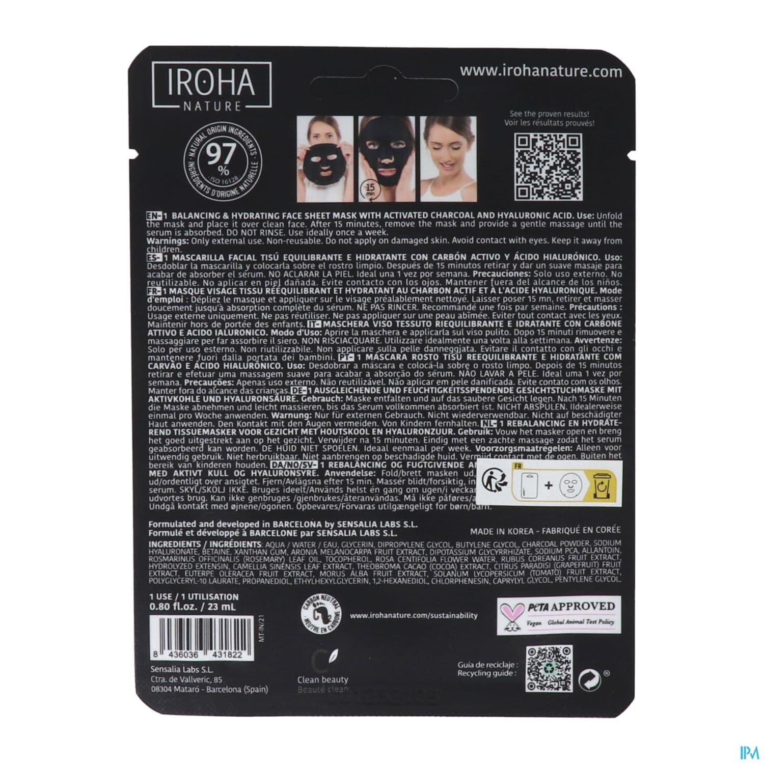 Iroha Collection Detox Masque Tissus Biodegradable Charbon + Ha