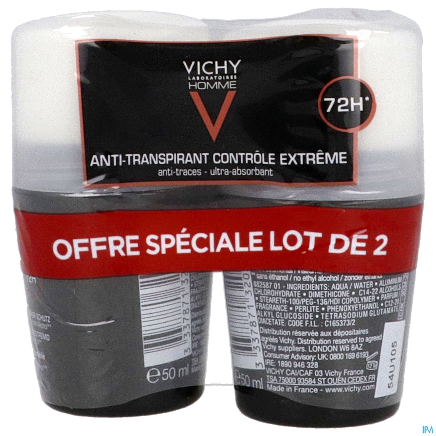 Vichy Homme Antitranspirant Bille Antitrace 72h 50ml X2