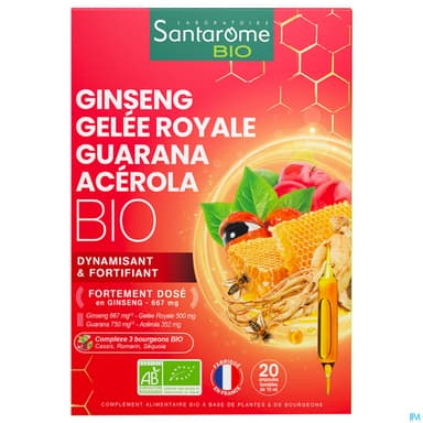 Santarome Bio Ginseng Gelee Royale Guarana Acerola Ampoule Buvable 10ml 20