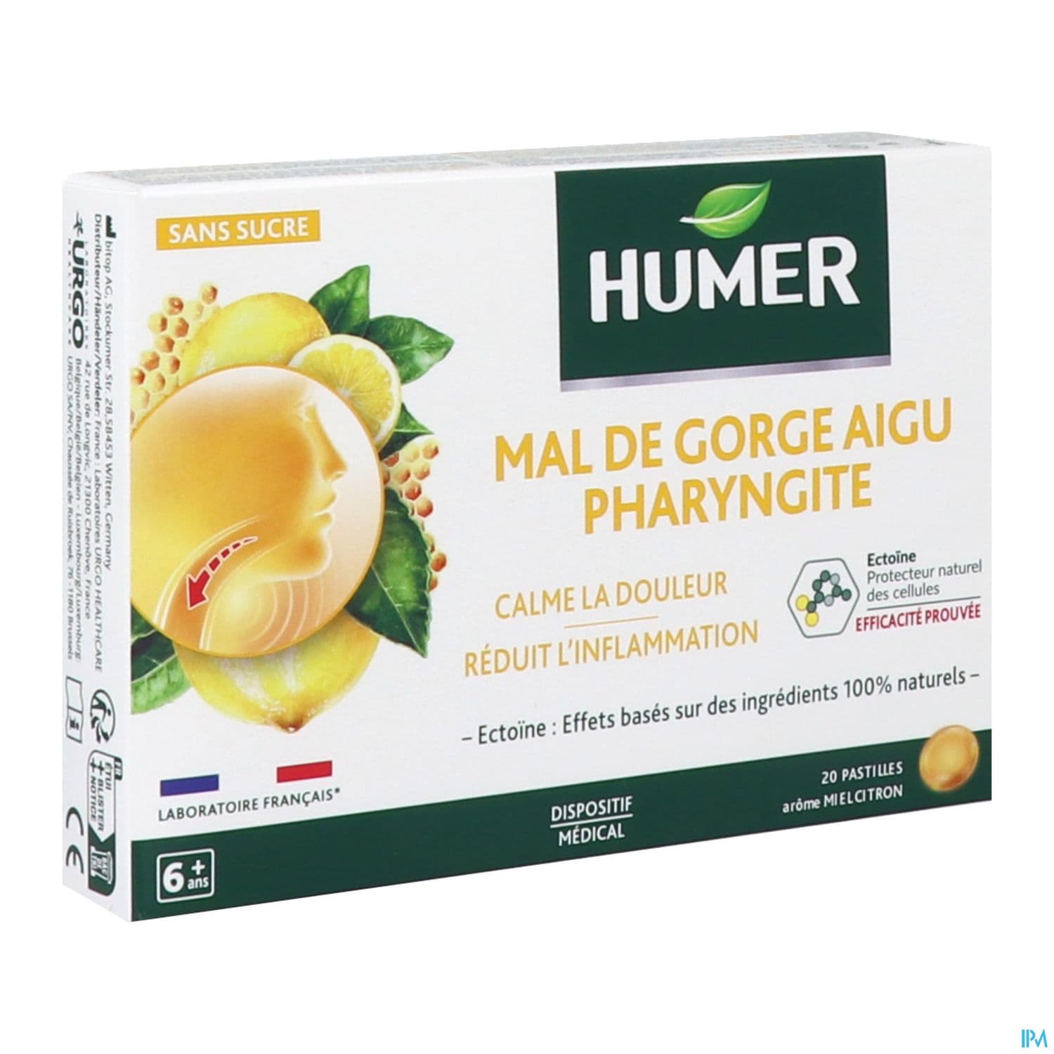 Humer Mal Gorge Aigu Pharyngite Miel Citron Pastille 20