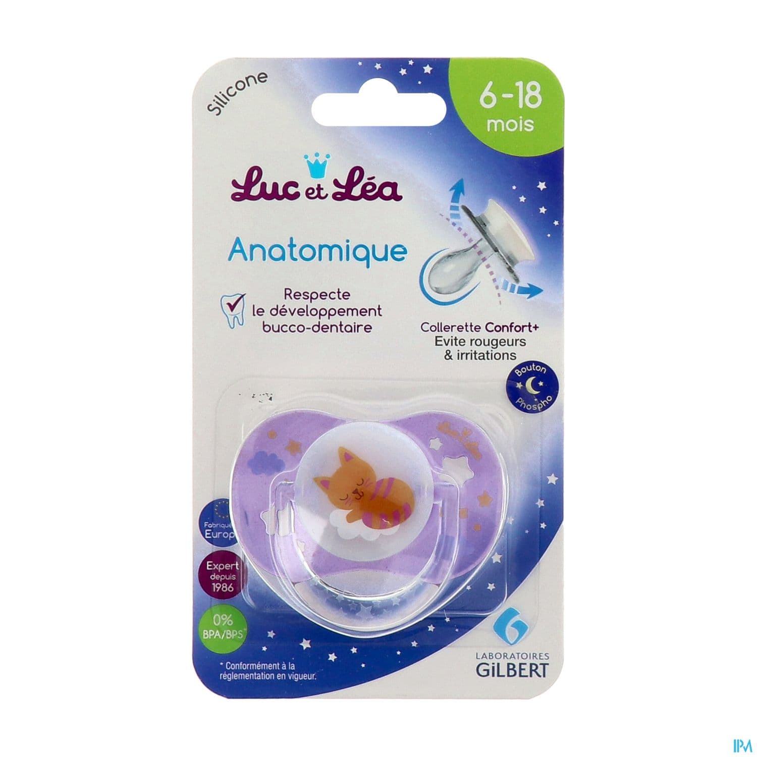 Luc Et Lea Sucette Anatomique Nuit Chat Anneau 6/18m — Pharmacie du Vercors