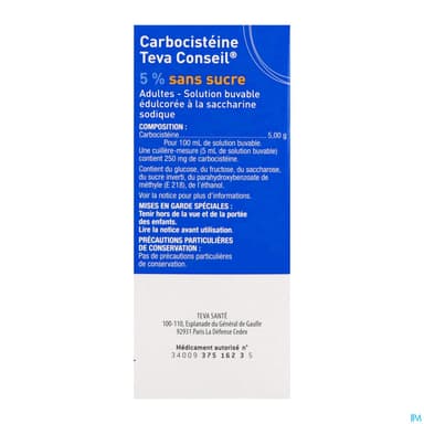 Carbocisteine Teva Conseil 5% Adulte Sans Sucre 200ml