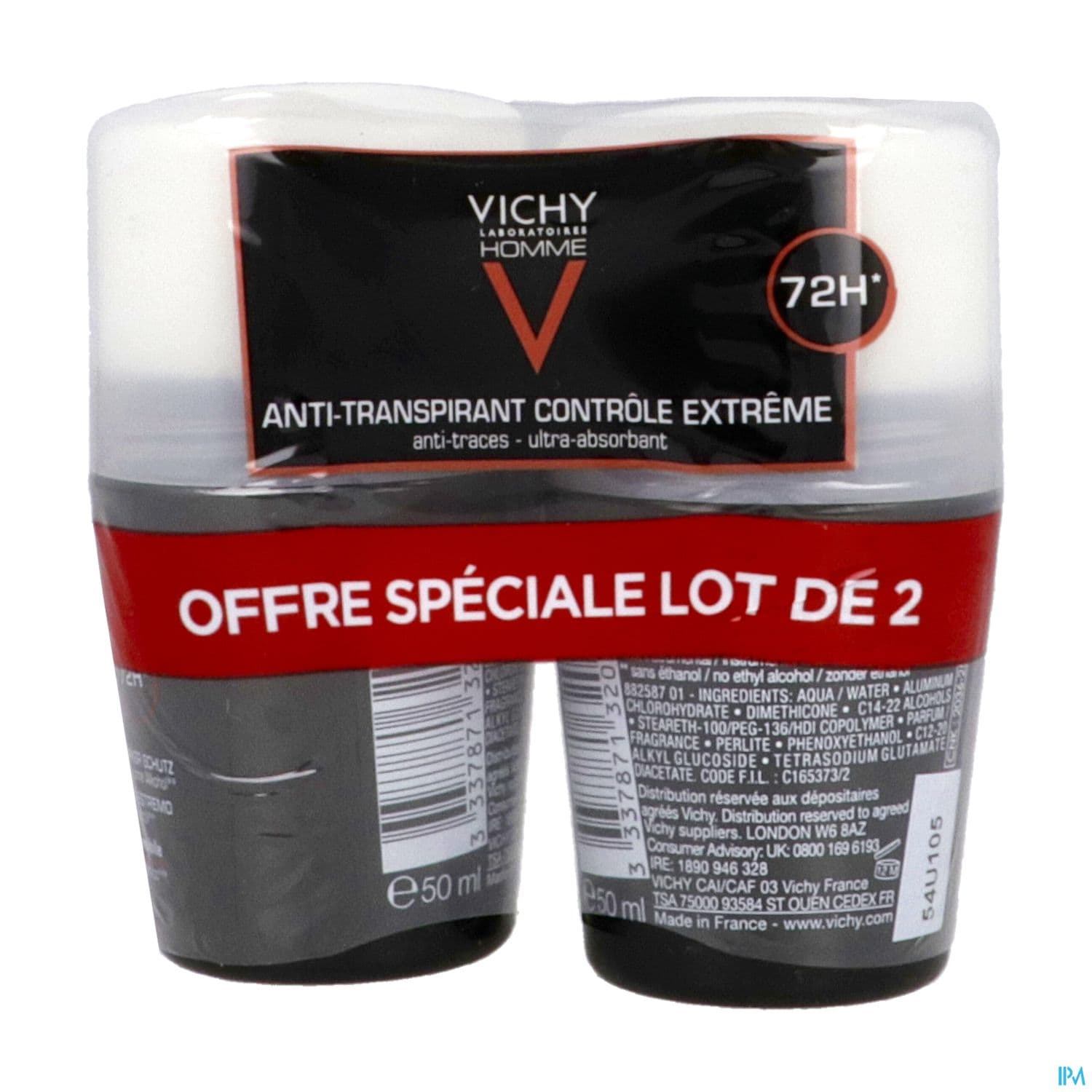 Vichy Homme Antitranspirant Bille Antitrace 72h 50ml X2