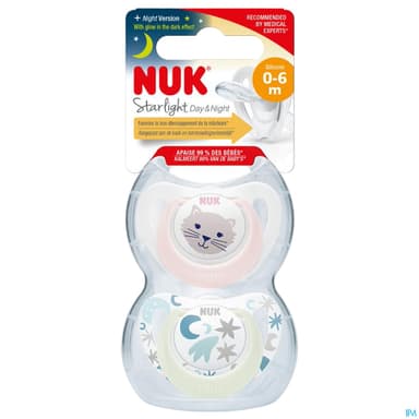 SUCET NUK 0-6M STARLIGHT FILLE X2