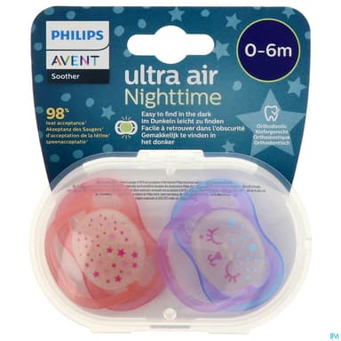 Avent Sucette Ultra Air Nuit Silicone 0/6mois Mixte Scf376/10 X2