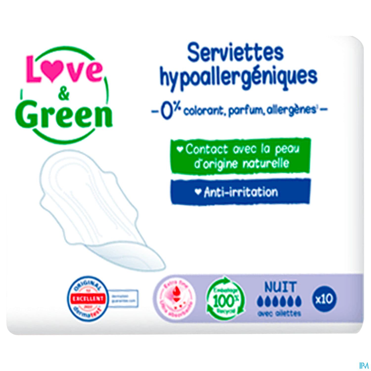 Love Green Serviettes Ecolabellisees Et Hypoallergeniques Ultra Nuit X10 Avec Ailettes