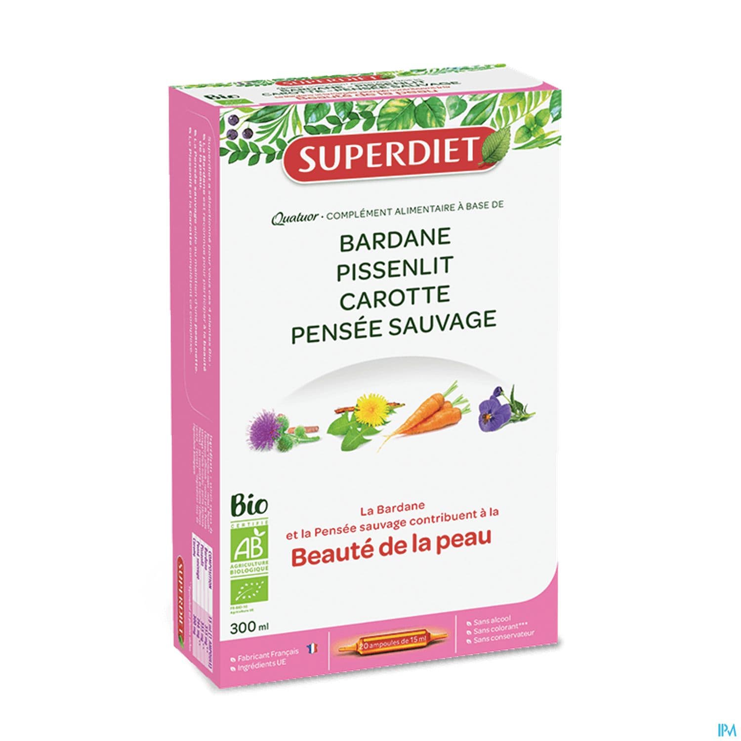 Superdiet Quatuor Beaute De La Peau Bio Bardane Pissenlit Carotte Ortie Ampoule Buvable 15ml 20
