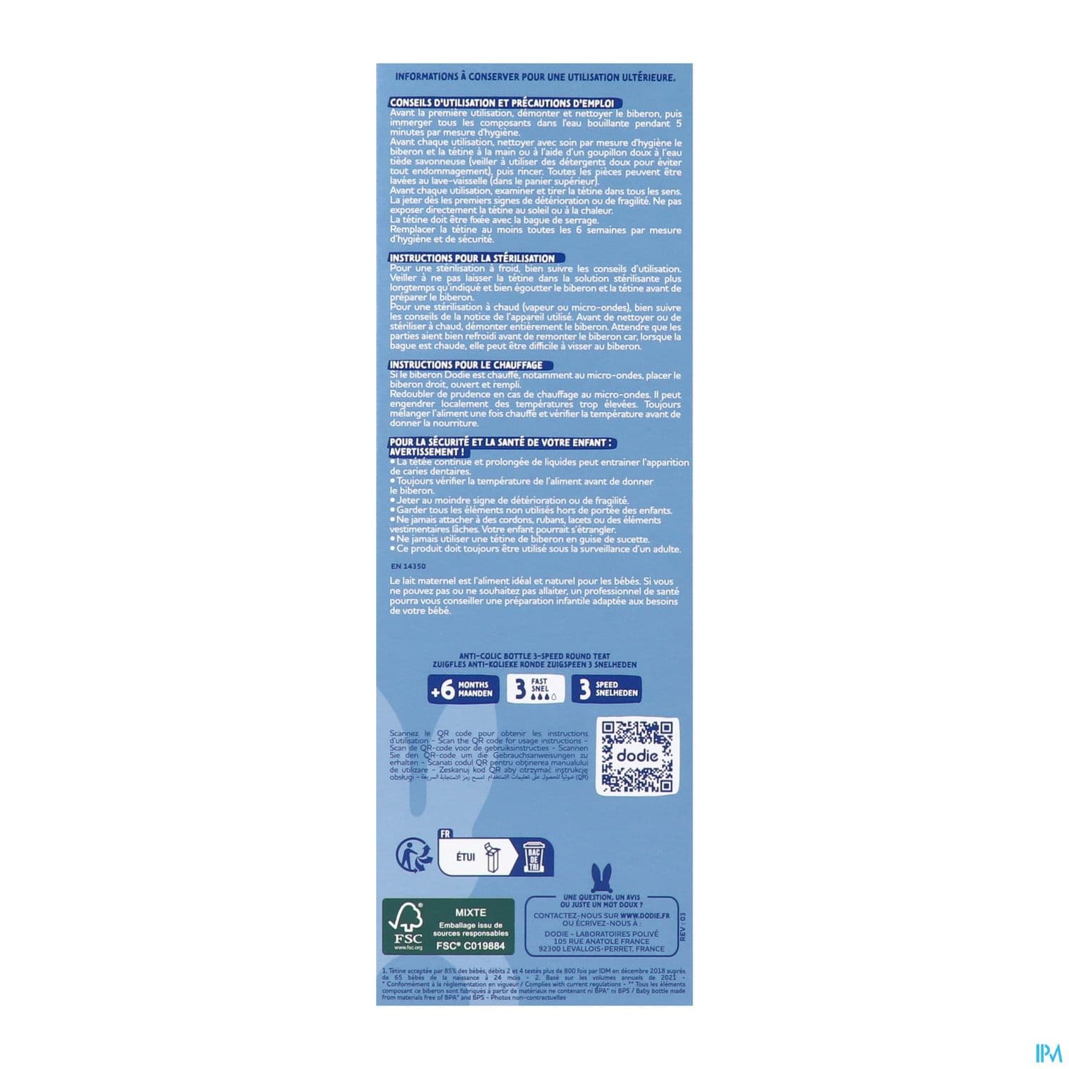 Dodie Initiation+ Biberon Anticolique Bleu Pompier +6mois 330ml