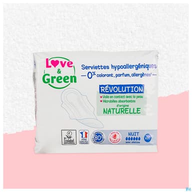 Love Green Serviettes Ecolabellisees Et Hypoallergeniques Ultra Nuit X10 Avec Ailettes