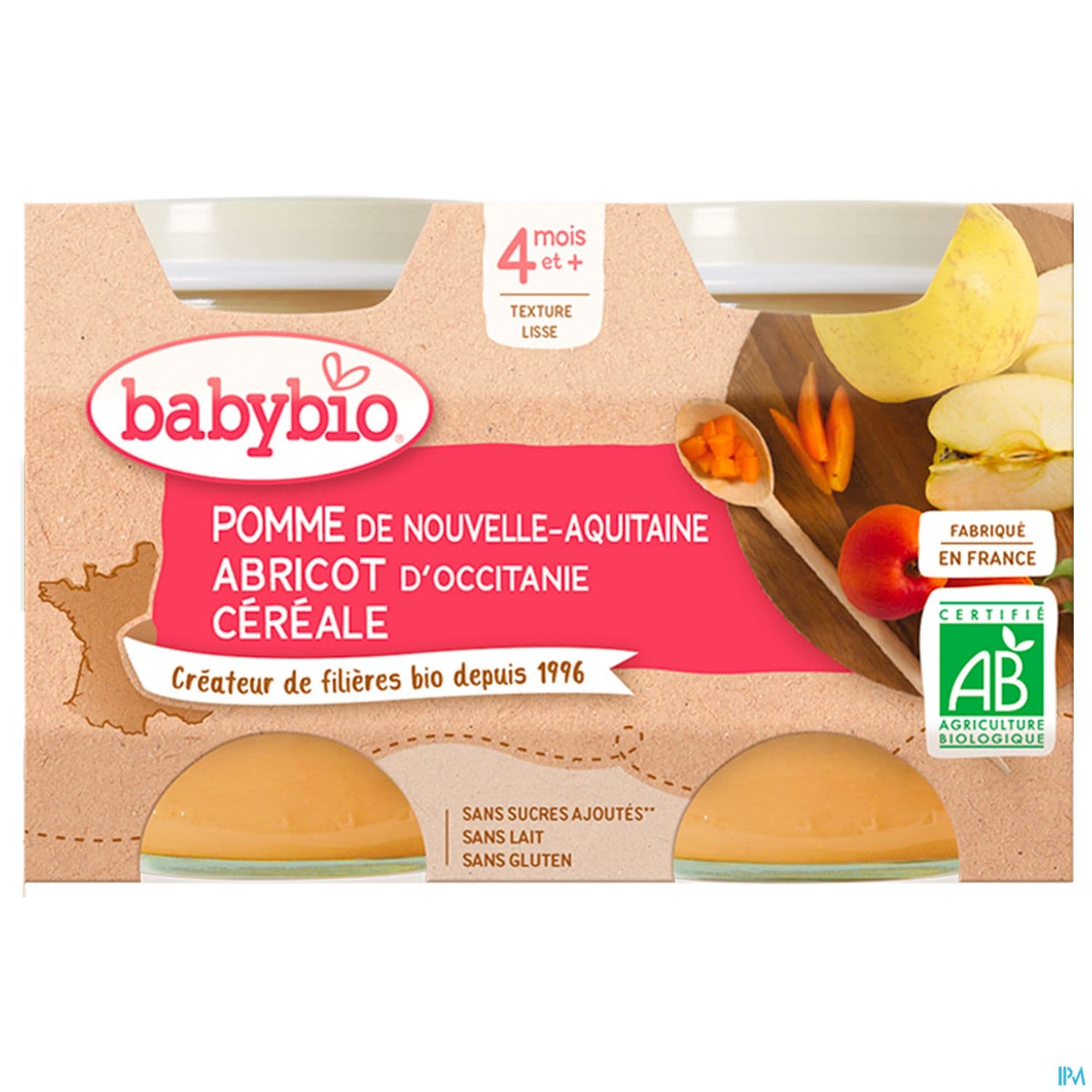 BABYBIO POMM/ABRICO/CEREALE 2X130G