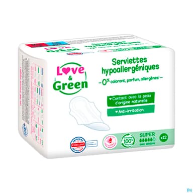 Love Green Serviettes Ecolabellisees Et Hypoallergeniques Ultra Super X12 Avec Ailettes