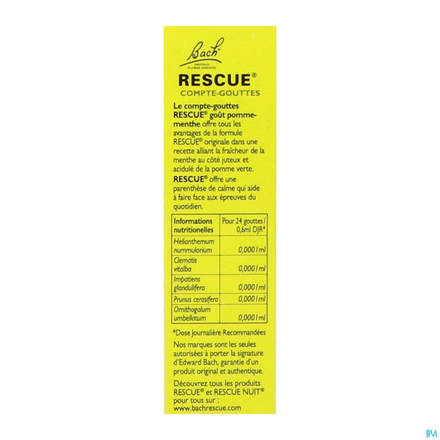 Rescue Bach Compte Gouttes Gout Pomme Menthe 20ml