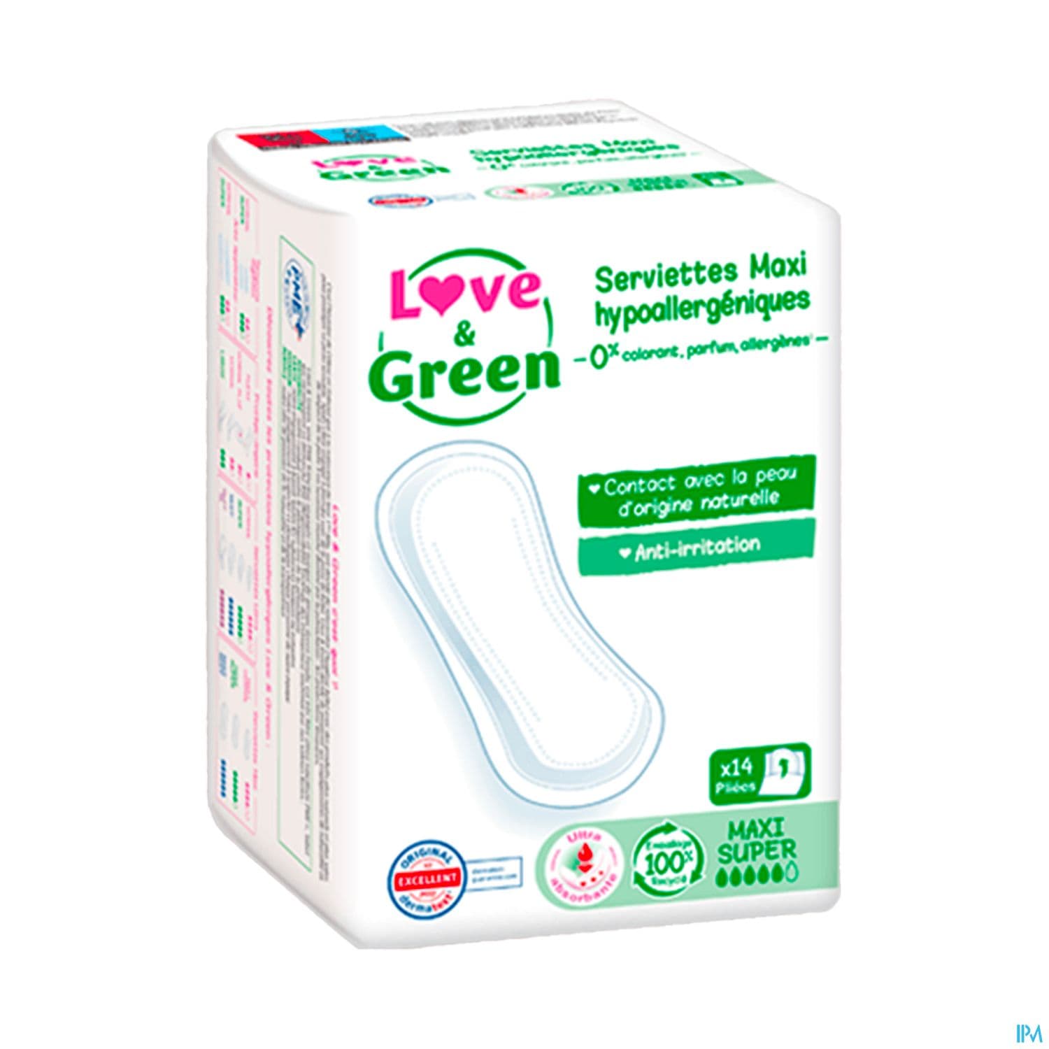 Love Green Serviettes Ecolabellisees Et Hypoallergeniques Maxi Super X14 Sans Ailettes