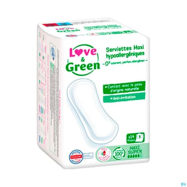 Love Green Serviettes Ecolabellisees Et Hypoallergeniques Maxi Super X14 Sans Ailettes