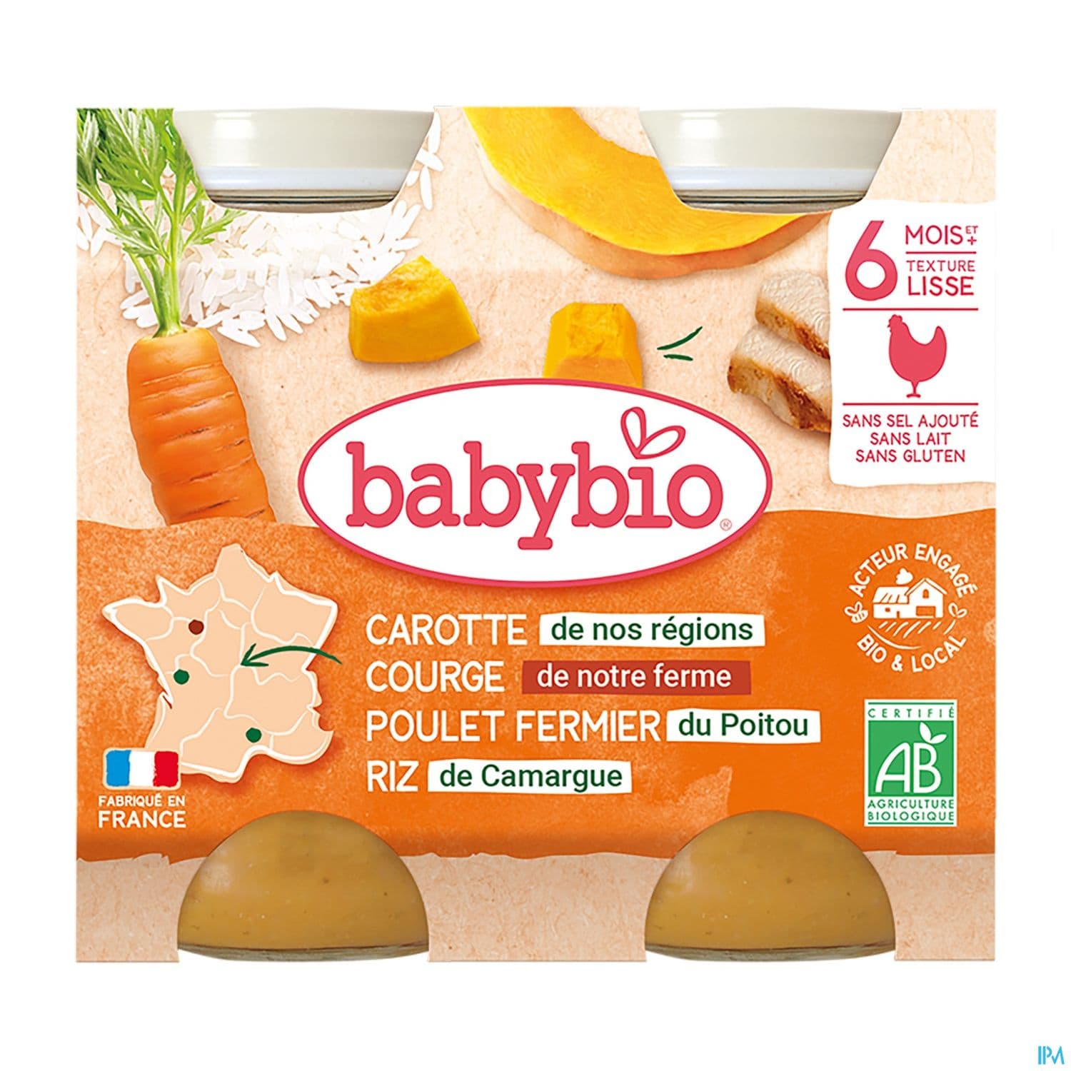 Babybio Carotte Butternut De Provence Poulet Fermier De France Riz De Camargue 6m 200g X2