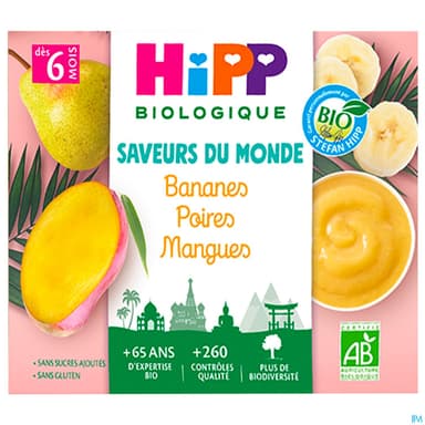 Hipp Saveurs Du Monde Banane Poire Mangue Bio Coupelle 100g X4