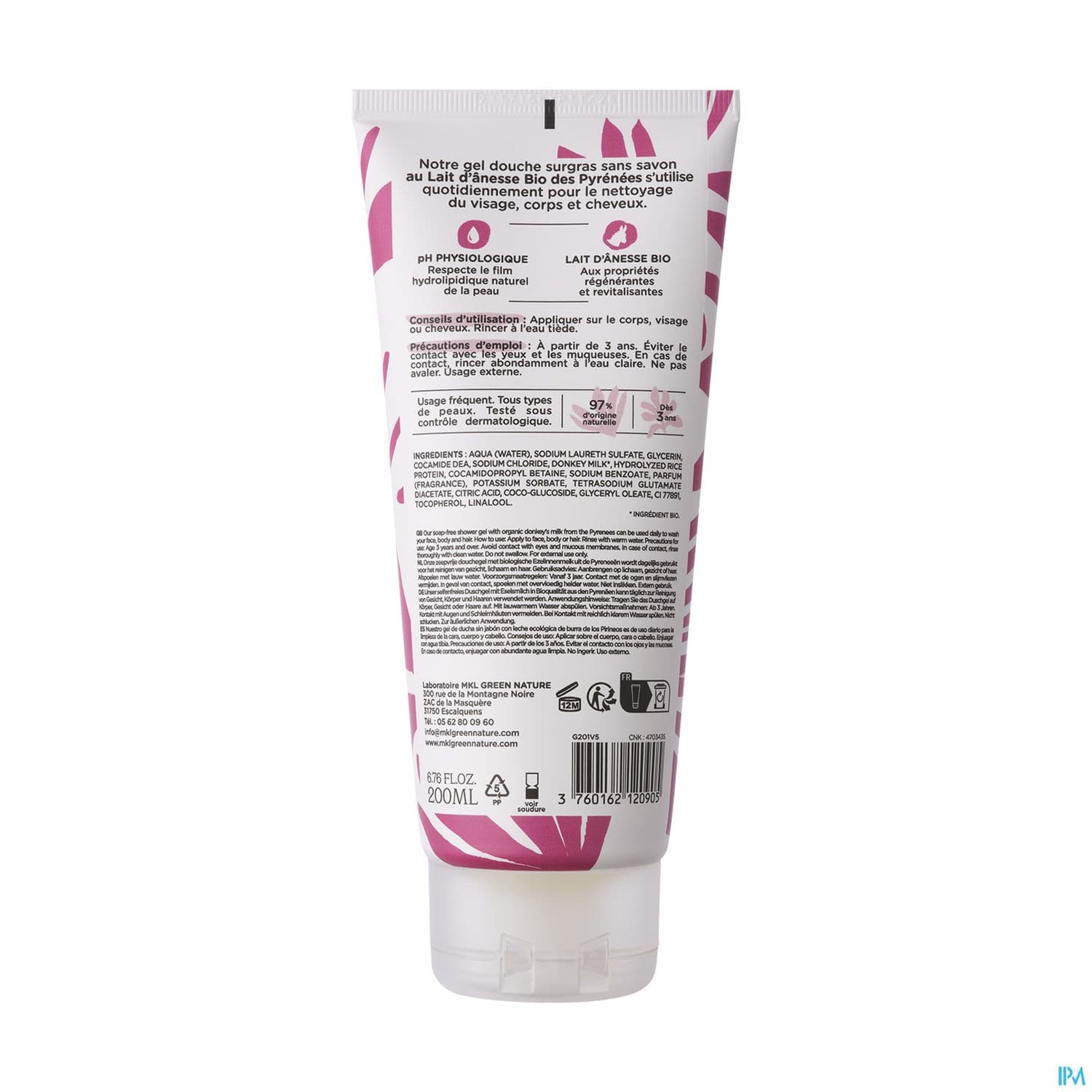 Mkl Green Nature Gel Douche Lait D'anesse Des Pyrenees Cosm'ethik 200ml