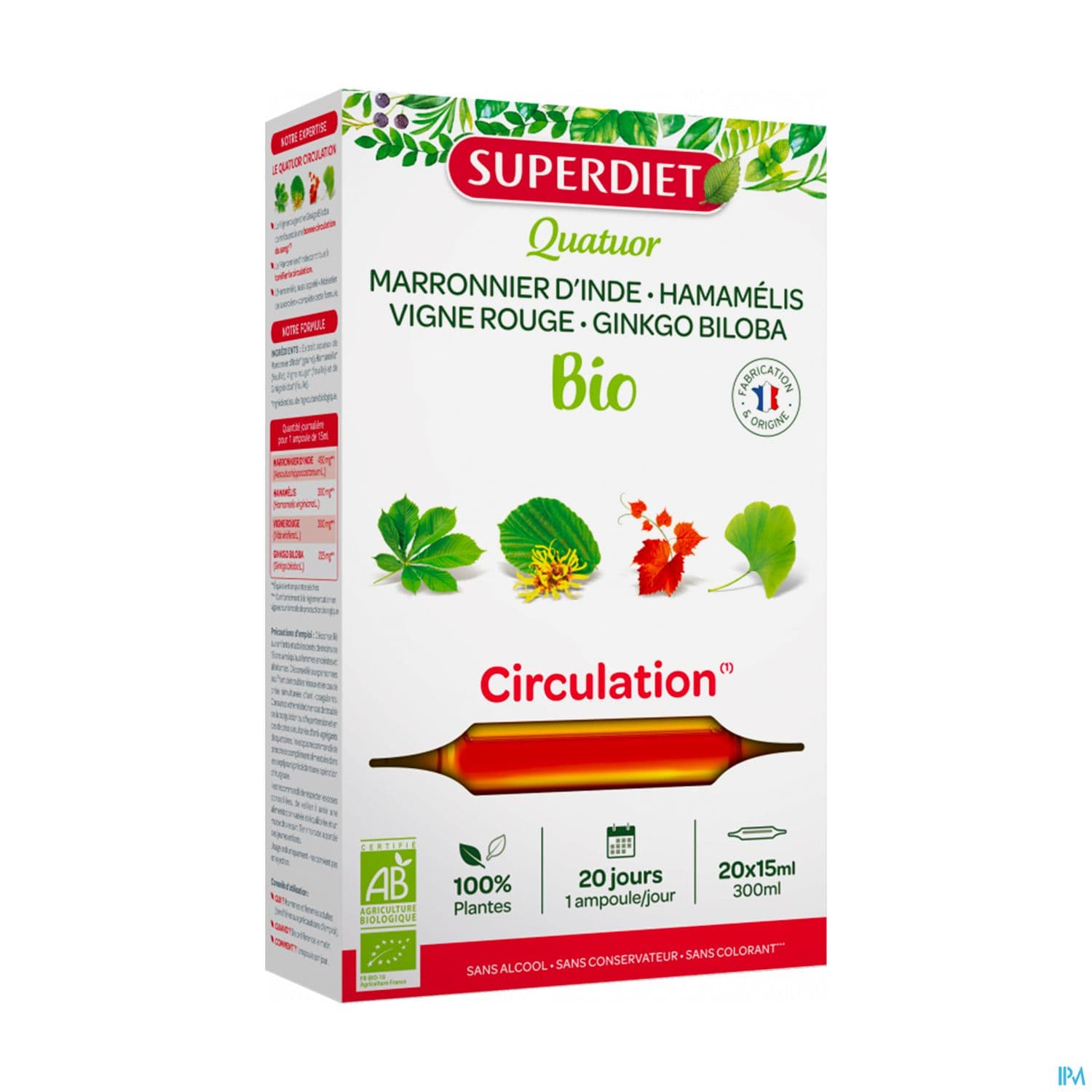 Superdiet Quatuor Circulation Bio Marronnier Inde Hamamelis Vigne Rouge Gink Ampoule Buvable 15ml 20