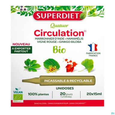 Superdiet Quatuor Circulation Bio Marronnier D'inde Hamamelis Vigne Rouge Ginkgo Unidose 15ml 20