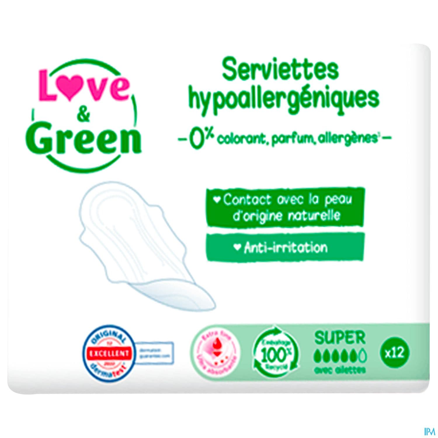 Love Green Serviettes Ecolabellisees Et Hypoallergeniques Ultra Super X12 Avec Ailettes