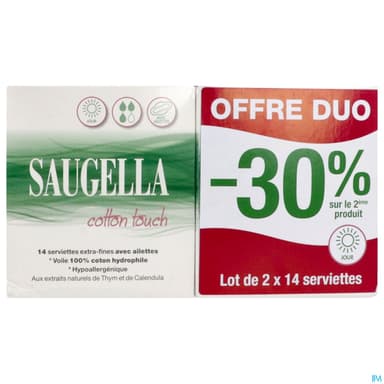 Saugella Cotton Touch Serviette Jour 14 X2