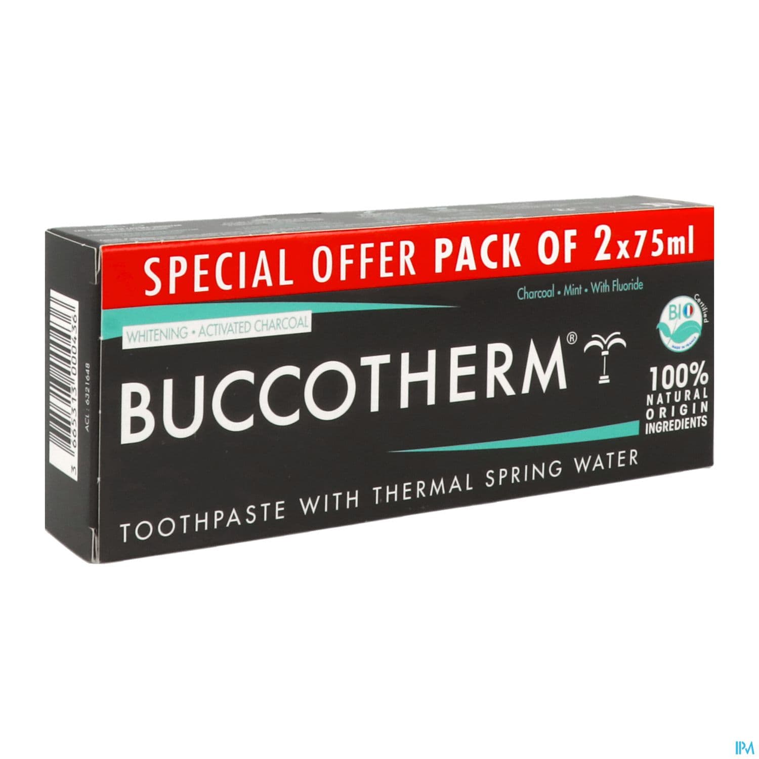 Buccotherm Dentifrice Bio Blancheur Charbon 75ml X2