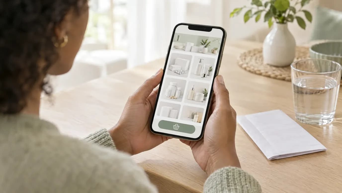Hands holding a phone open on a pharmacy shop, at a table next to a glass of water