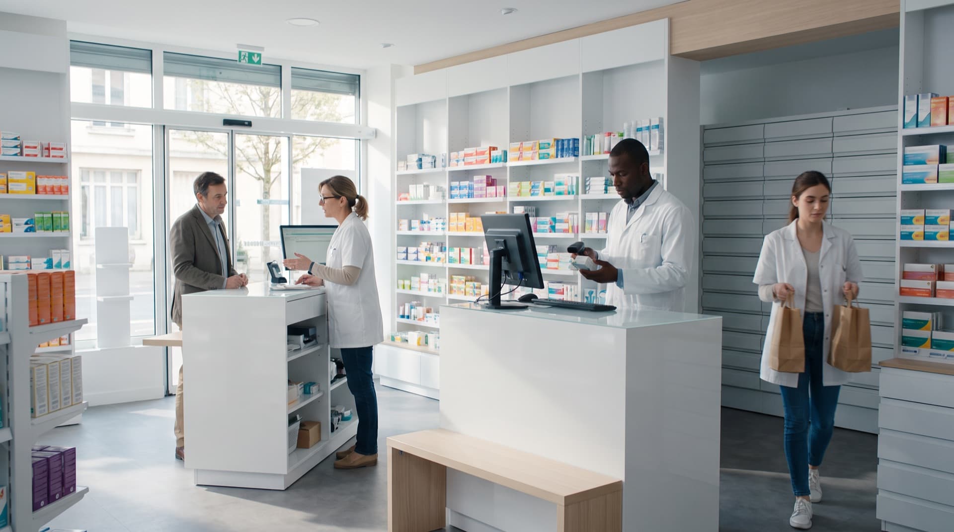 L'équipe d'une pharmacie de quartier au comptoir