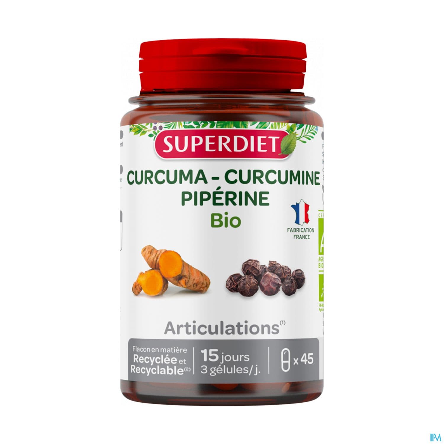 Superdiet Curcuma Piperine Bio Gelule 45 — Pharmacie Lafayette de Roubaix