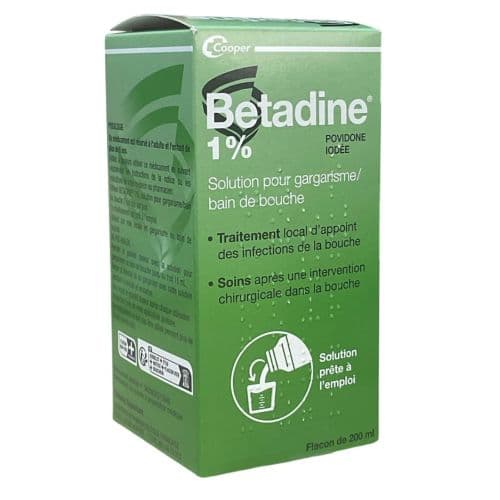BETADINE 1 %. solution pour gargarisme bain de bouche. boite de 1 flacon (+ gobelet doseur) de 200 m — Pharmacie Duguesclin Lyon