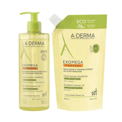 A Derma Exomega Control Huile Lavante Emolliente Antigrattage 500ml + Eco Recharge 500ml