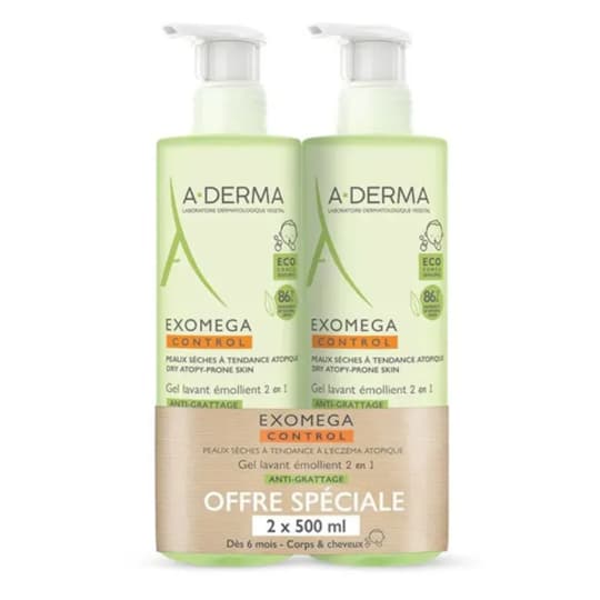 A-DERMA EXOMEGA CONT GEL LAV 2X500 — Pharmacie des Cascades