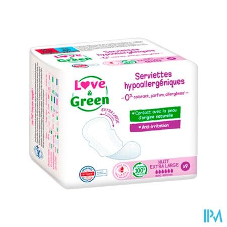 Love Green Serviettes Ecolabellisees Et Hypoallergeniques Ultra Nuit Extra Large X9 Avec Ailettes