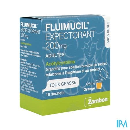 Fluimucil Expectorant Acetylcysteine 200mg Adulte Sans Sucre Granules Sachet 18